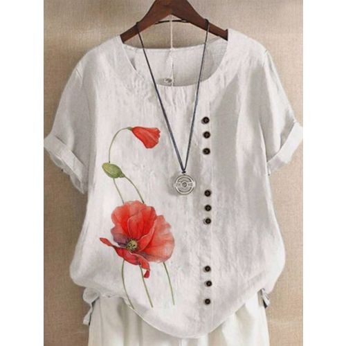 Crew Neck Floral Casual Cotton Buttoned Shirt