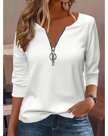 Casual Zipper Plain Loose T-Shirt