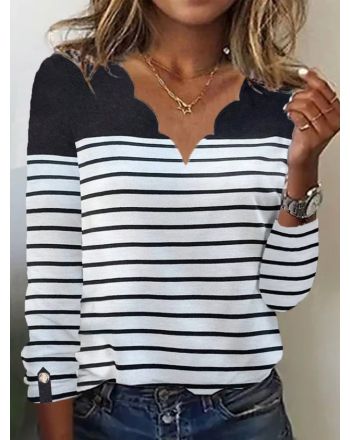 Striped Casual Loose V Neck T-Shirt