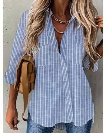 Striped Loose Shirt Collar Casual Blouse